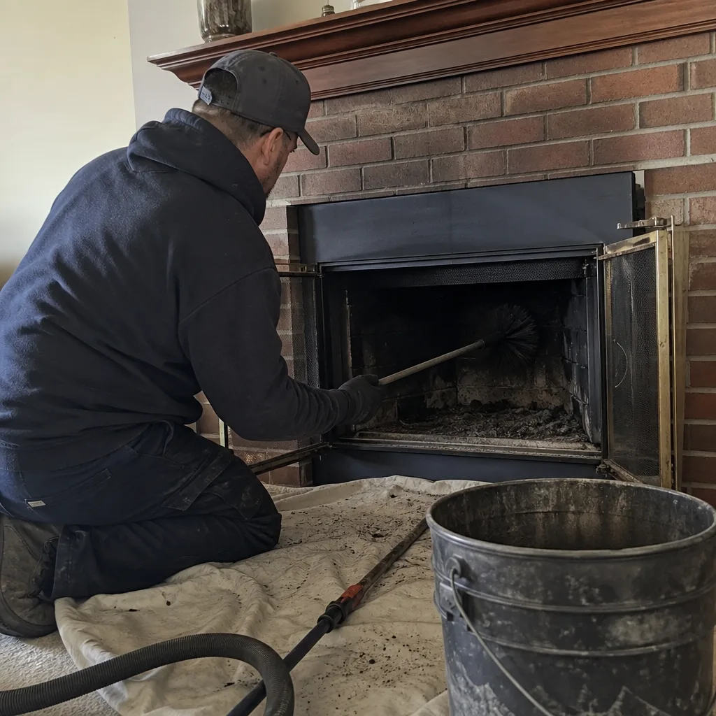 Professional chimney sweep cleaning a brick fireplace with a specialized tool.