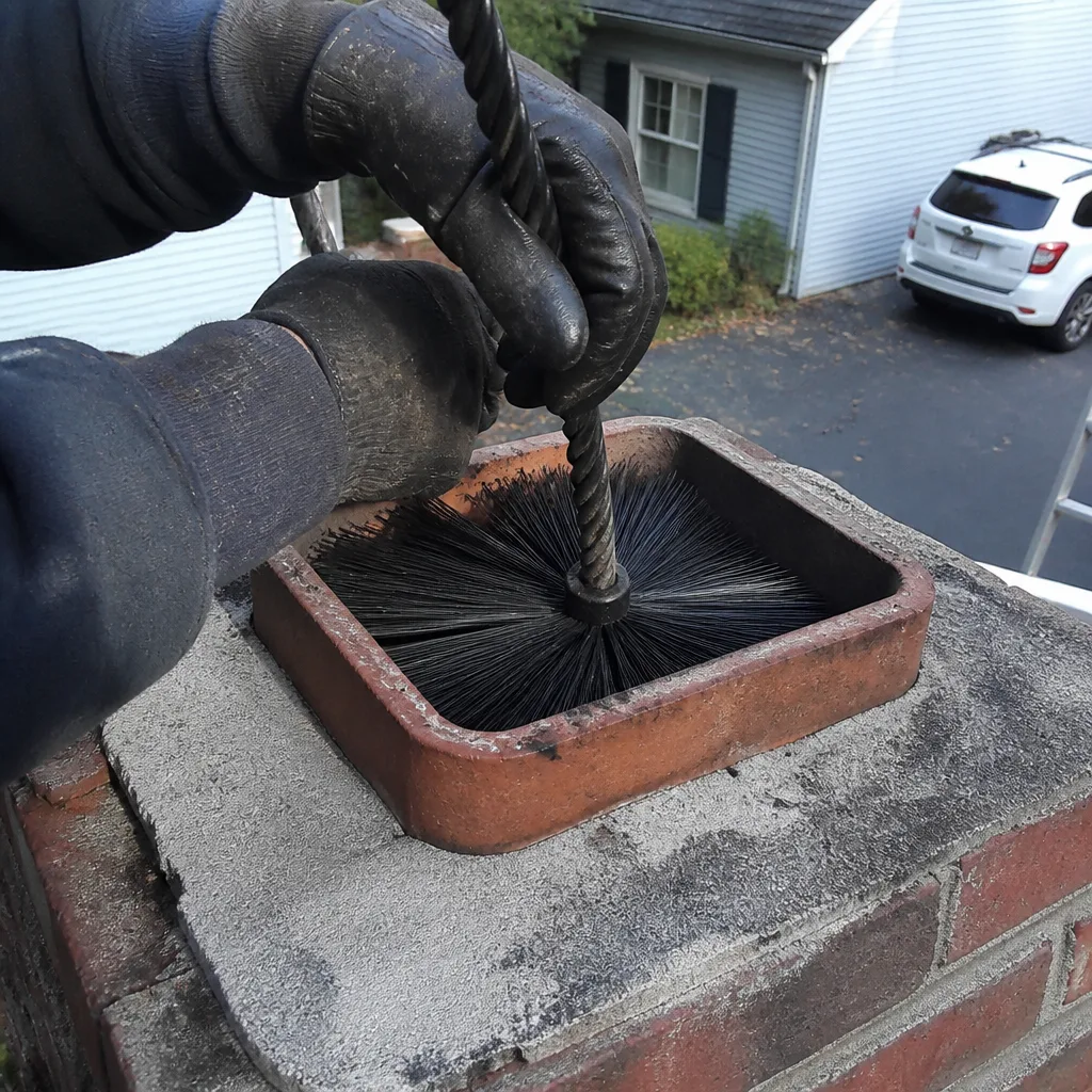 Professional chimney sweep cleaning a brick chimney flue with a wire brush