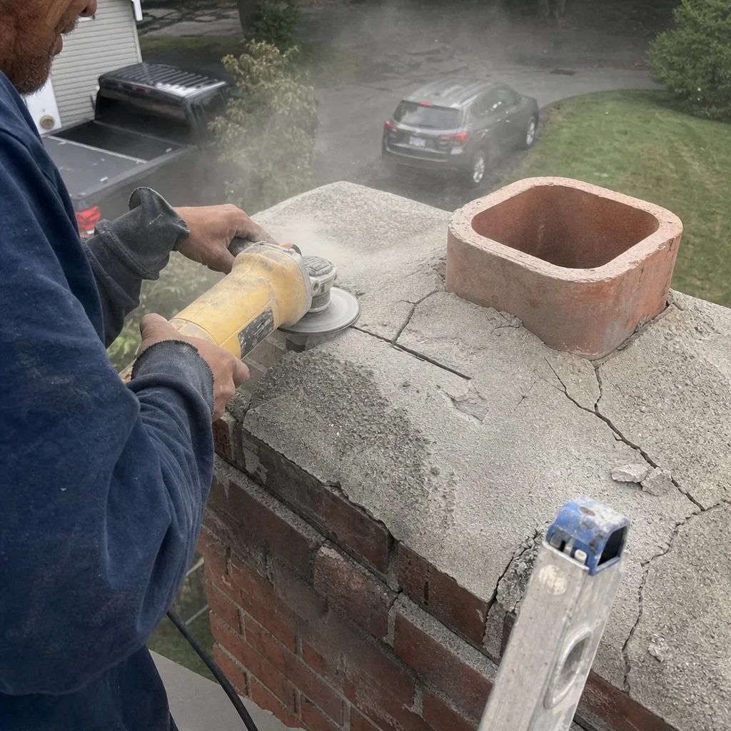 Professional contractor performing mortar repair on a damaged chimney crown