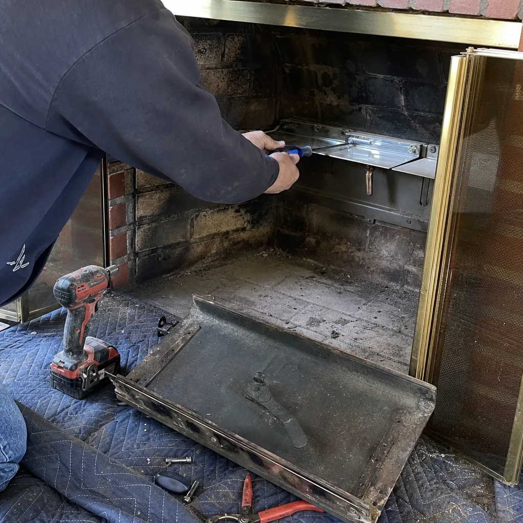 Technician performing professional fireplace maintenance and component installation