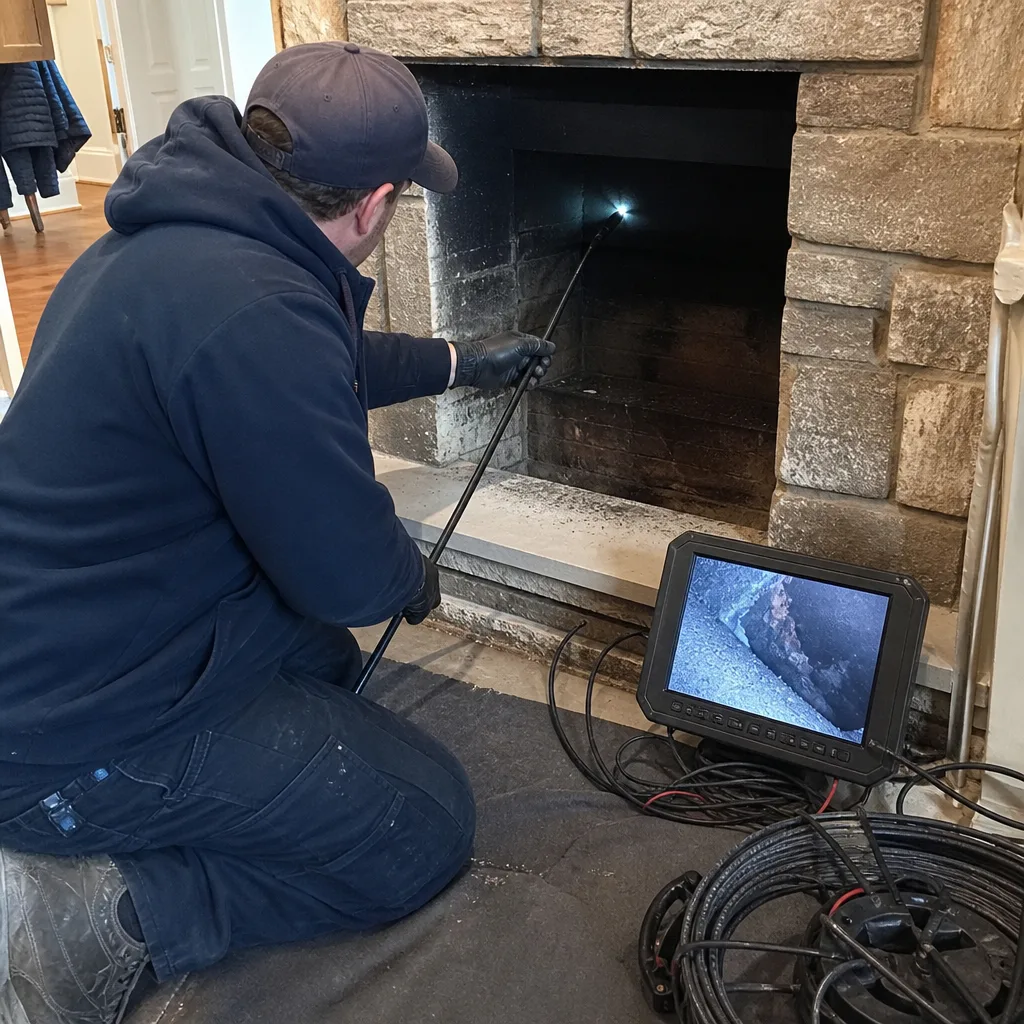 Technician using a chimney inspection camera to examine a stone fireplace
